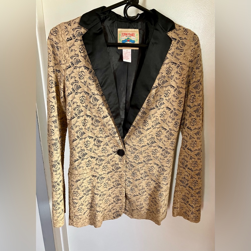 Flying Tomato Black and Tan Satin and Lace Blazer